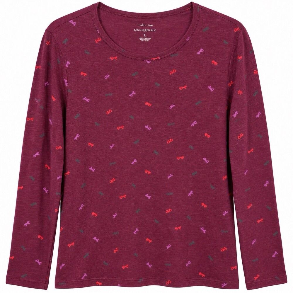 Banana Republic Malibu Tee Large Burgundy Bow Print Long Sleeve Cotton Modal